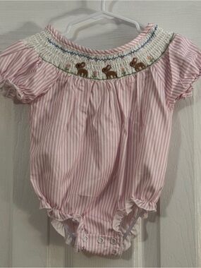 Baby Girl Pink Striped Smocked Romper with Bunny Embroidery